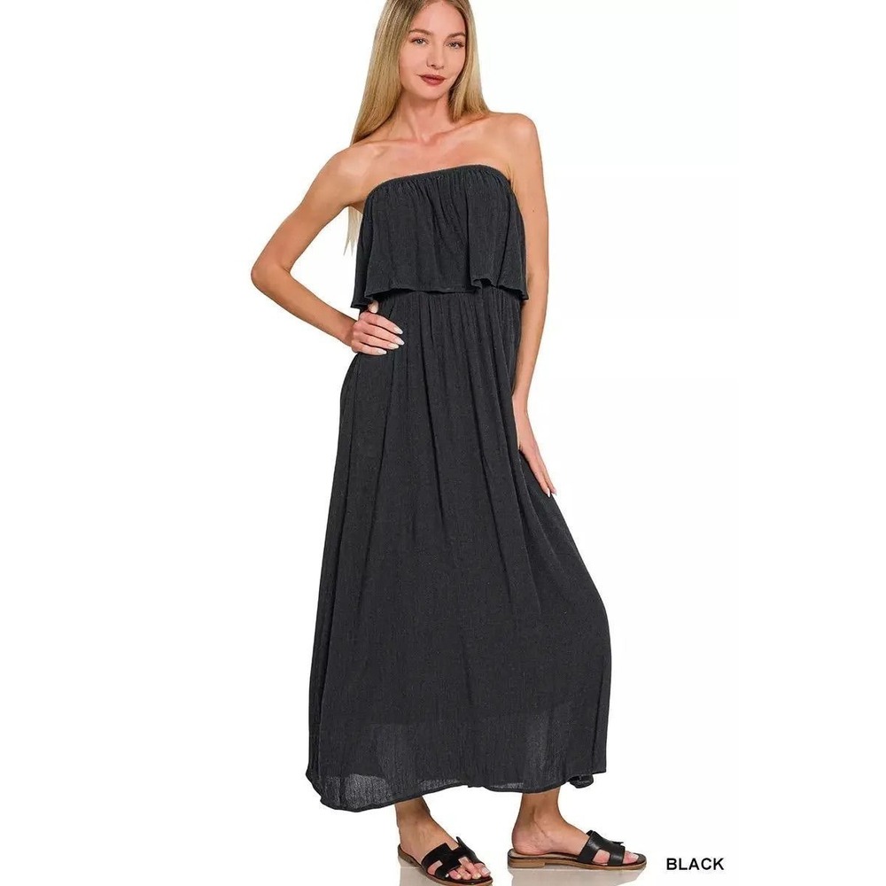 Zenana Black Strapless Ruffle Tiered Maxi Dress Elastic Waist Size Large